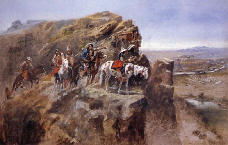 Charles M Russell Indians on a Bluff Surverying General Miles-Troops Norge oil painting art